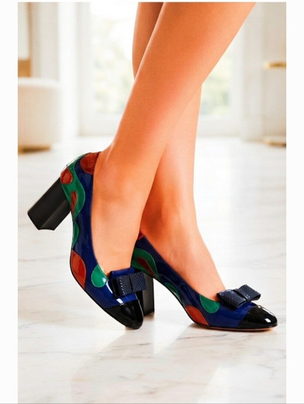 Bottega Veneta multicolored patent leather shoes with a bow  block heel size 39